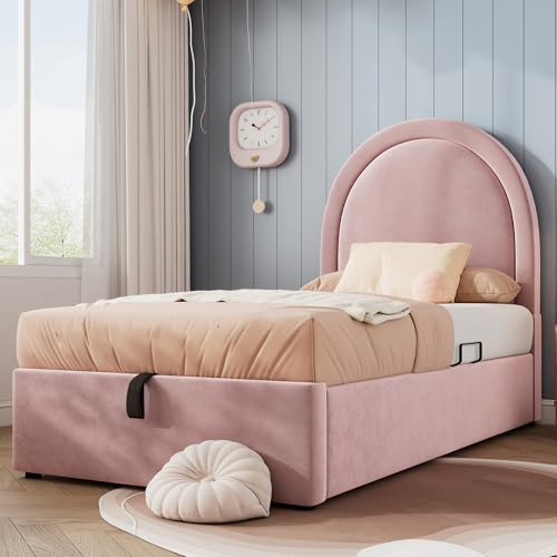 EINHOM Polsterbett 90x200 cm, Kinderbett Einzelbett Stauraumbett mit Hydraulischem Mechanismus, Boxbett für Jungen & Mädchen, Samt, Rosa, (Ohne Matratze)