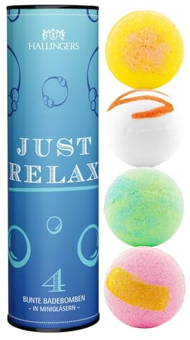 Hallingers Genuss Manufaktur Badebomben Geschenk-Set - 4x Badekugeln Bath Bombs in edler Geschenkdose, Frauen Badeperlen-Wellness & Spa Just Relax, Geschenkidee für Frauen Freundin