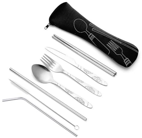 Juego de cubiertos de acero inoxidable, vajilla portátil con cuchillo, tenedor, cuchara para camping, vajilla familiar con bolsa de transporte, 3 piezas/4 piezas/7 piezas disponibles