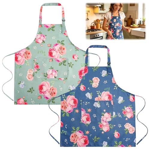 LuminaryLair 2 Stück Blühende Damenschürzen mit Einem Wasserdicht | Kochschürze Blühende Damenschürzen, Blumen Schürze Küche Verstellbare Apron für Backen, Kochen, Gartenarbeit, Handarbeiten