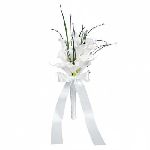 Jiuvaso Bouquet da Sposa Calla Bianca Mazzo Nuziale Composizione Floreale Fiori Artificiali Ornato con Perle E Fiocco Ricadente Conservazione Ricordi a Lungo