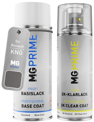 MG PRIME Autolack Spraydose für Renault KNG Gris Cassiopee Nacre Metal. +2K | Stahl-Grau Metallic / Gris Cassiopee Nacre Metallic, Set aus Basislack + 2K Klarlack, Sprühdosen 400ml