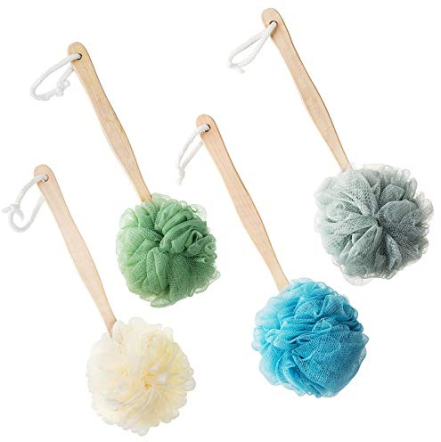 4 Pack Large Bath Puff Loofah Sponge with Long Handle Shower Loofah, Bath Body Back Brush, Spa Brush for Women and Men(4 Color)