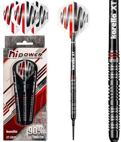 Karella Darts HiPower 90% Tungsten Softdart, 18g, 2BA Gewinde, 3 Dartpfeile mit Kunststoffspitze, Dartautomat, Profidart mit Flight und Shaft. 100 Mic Flights, XT Shaft
