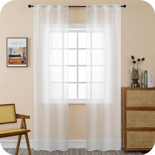 GIRASOLE HOME Voile, halbtransparent, Leinenoptik, Vorhang für Wohnzimmer, Schlafzimmer, Balkon, Fenster und Innenbereich, 2 Paneele mit Tasche (Weiß, 70 x 240 cm)