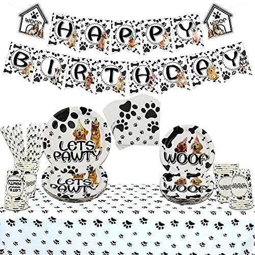Hunde Party Dekorationen, Hunde-Themengeschirr-Party-Pack für Welpen, Hundeliebhaber, Kindergeburtstags-Partydekorationen, Einschließlich Teller, Tassen, Servietten, Tischdecke, Banner für 20 (A)