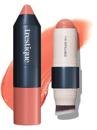 treStiQue Blush Stick, Vegan Blush Stick With Built-In Blush Brush, Pink Blush Makeup For Women, Rose Blush Makeup, 2-In-1 Creamy Blush Makeup