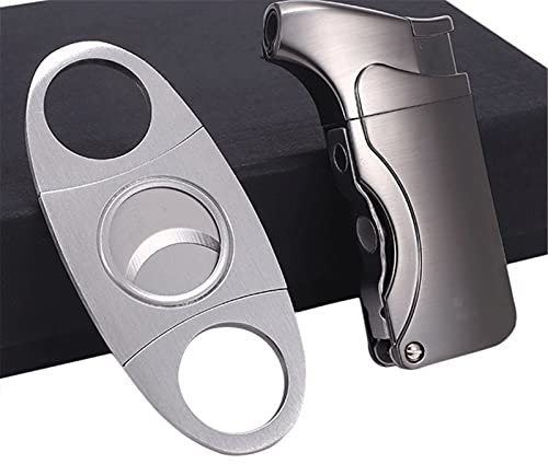 HB1 Fashion Cigar Lighter Cutter 2pcs/Set Torch Jet Flame Windproof Lighter Double Stainless Steel Sharp Cigar Knife With Nice Gift Box,Silver