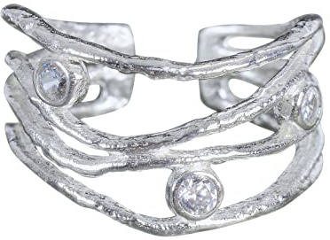 NicoWerk Damen Silberring Zirkonia aus 925 Sterling Silber Breit mit Stein Mehrreihig Rustikal Durchbrochen Verstellbar Offen SRI789