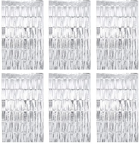 Lostwry 6 Stück Metallic Lametta Vorhänge Tinsel Vorhänge Folie Fransen Vorhang Schimmer Glitzervorhang Fringe für Geburtstag Hochzeit Weihnachtsfeier Tür Fenster Dekoration 1 x 2m (Silber)