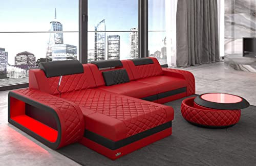 Sofa Berlin L Form Ecksofa Leder mit LED Licht Ledersofa Ottomane Couch mit Kopfstützen (Ottomane Links, Rot-Schwarz)