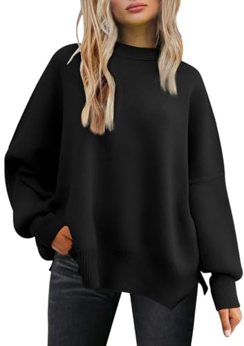LILLUSORY Oversized Sweaters for Women 2025 Fall Fashion Outfits Trendy Crewneck Knit Cute Lightweight Sweater Pullover Tops Long Sleeve Shirts Winter Clothes Black L
