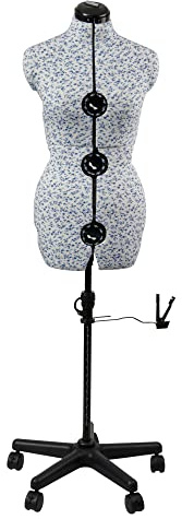 Sewing Online verstellbare Schneiderpuppe Ditsy Wedgewood Blau mit Saummarkierung und 5-Sterne-Basis auf Rollen, Schneiderpuppengrößen 10–16 – Anheften, messen, anpassen und präsentieren – 5919A