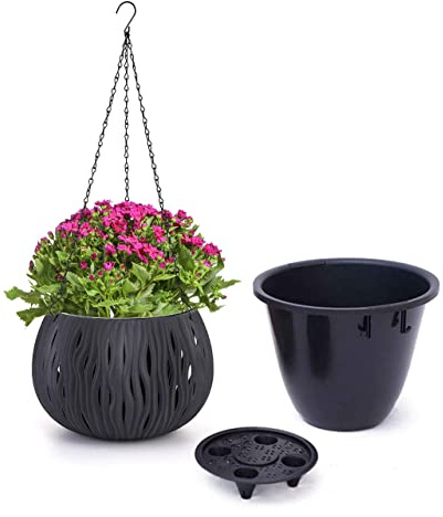 Moollyfox Blumenampel Außen, Ø 27cm Blumentopf Hängend mit Rostfrei Ketten, Hängeampeln Outdoor Kunststoff für Draußen, Hängeblumentöpfe mit Ablaufloch, Hängeampeln für Außen Innen Decken Pflanzen