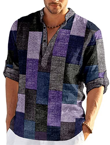 QIVICIMA Camicia da uomo casual in cotone e lino Henley a maniche lunghe scozzese a quadri hawaiani floreali da spiaggia magliette, 4 Viola, 3XL