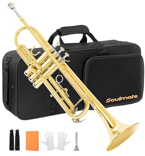 Soulmate Bb Standard Trumpet Set for Beginner, Brass Student Trumpet Instrument with Hard Case, Cleaning Kit, 7C Mouthpiece and Gloves (Gold)