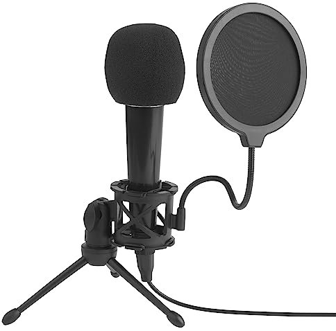 Intempo EEE7226BLKSTKEU7 Tischmikrofon – Pop-Filter für Vlogging und Gaming, für satten, vollen Sound, mit Einstellbarer Stoßdämpferhalterung, Stativ, klappbarem Winkel und 3,5-mm-Buchse