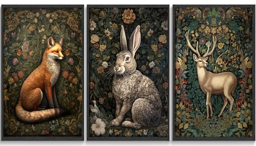 3Pcs William morris animal wall art Fox rabbit sika deer Canvas Posters Prints Forest Wild Animal Pictures Paintings Gothic Botanical Floral Oil Wall Decor for Bedroom Unframed （12x16x3）