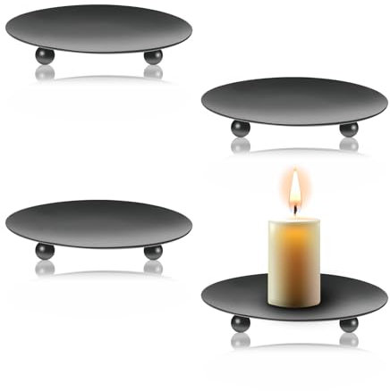 YoHyien 4 Pezzi Piattino Porta Candele 9 cm, Piatto per Candele in Metallo, Sotto Candela per Tealight, Porta Candele da Tavolo per Natalizie, Matrimonio Decorazione, Casa Festa, e Cena (Nero)