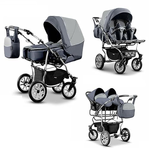Elcar Zwillingskinderwagen 4 in 1 City Twin inkl. Autositze - 15 Teile - Grau-Dunkelgrau
