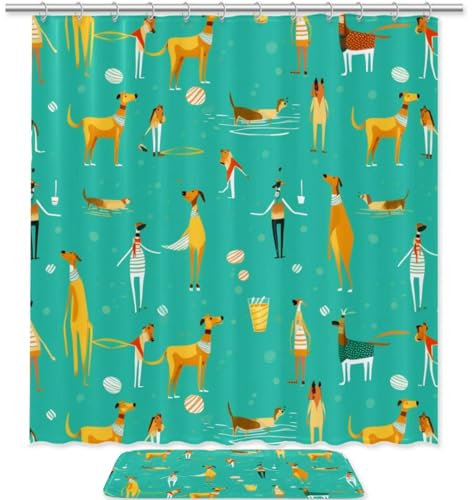 Juego de cortinas de ducha, juego de cortinas de ducha con alfombras, paraguas de cerveza de perro boxer, cortina de ducha