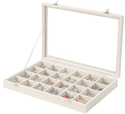 Coward Jewelry Organizer Box, Beige Velvet 24 Grids Ring Earring Jewelry Display Tray Case with Transparent Glass Lid for Home Drawer or Shop Selling