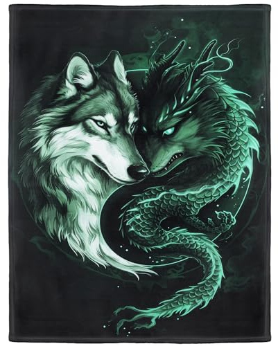YISUMEI Kuscheldecke Weiche Warme Flauschige Fleece Decke, Wolf & Drache, 150 x 200 cm