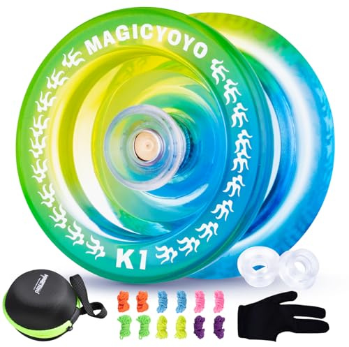 JoJo K1 Kristall Blau Gelb, Reaktionsfreudiges Yoyo für Kinder Anfänger, Trick Jo jo Kunststoff JoJo Ball, Ersatz 12 JoJo Saiten + Yo Yo Handschuh + JoJo Tasche + 2 Hubstacks