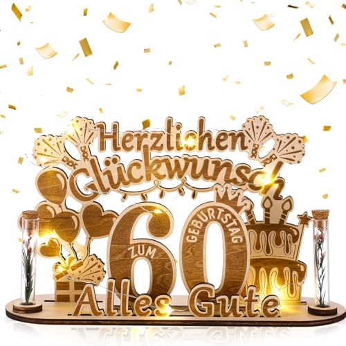 taonganui 60 Geldgeschenk Geburtstag Frau Männer Holz mit LED Lichterkette | 60 Holz Schild Gästebuch Personalisiertes Geschenke zum 60 Geburtstagszahlen, 60 Geburtstag Deko Herzlichen Glückwunsch