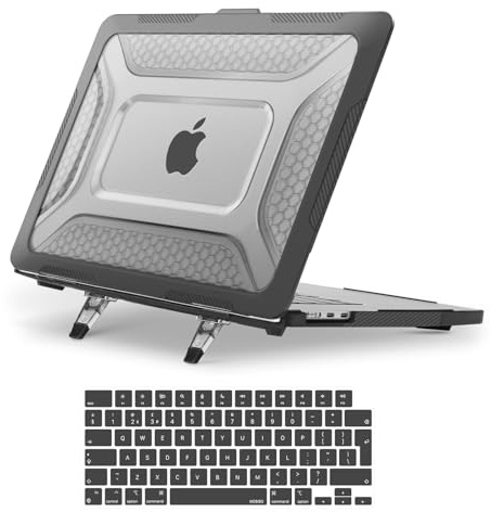 MOSISO Hülle Kompatibel mit MacBook Air 15 Zoll 2026 2025 2024 2023 M5 M4 M3 M2 A3448 A3241 A3114 A2941, Honigwabe Duty TPU Bumper Hartschale mit Klappbarer Ständer&Tastaturabdeckung, Schwarz