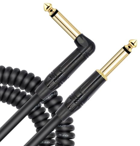 CERRXIAN 8FT 6,35mm Spulen Stereo Gitarrenkabel, schwarzes Federkabel für elektrische Instrumente, vergoldetes gerades 1/4-Zoll-TS auf rechtwinkliges 1/4-Zoll-TS-E-Gitarren-Bass-Pro-Audiokabel