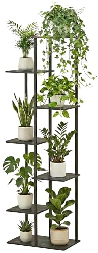 JEPRECO Plant Stand Indoor 7 Tier 8 Potted Metal Wood Plant Shelf, Multiple Flower Pots Corner Tall Plant Holder Stands for Living Room Balcony Bedroom, Black