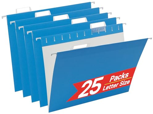 VZCPYTPM 25 Pack Hanging File Folders Letter Size,Blue Reliable Hanging Folders for Filing Cabinet,Reinforced Rods for Smooth Gliding,Includes 1/5 Adjustable Tabs & Inserts,Ideal for Home & Office