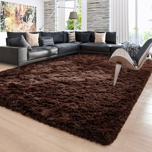 Ompaa 9x12 Area Rug Brown Large Living Room Fluffy Carpet for Bedroom Dorm, Non-Slip High Pile, Coffee Modern Big Shag Rug for Classroom Kids Playroom Nursery Home Office Decor