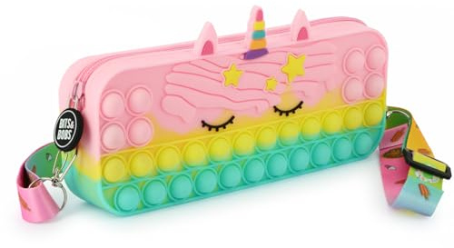 Grafoplás Pop It Silikon-Etui, Einhorn-Bubbles | Bits and Bobs | 20 x 8 x 3,8 cm | weich und flexibel | verstellbares Umhängeband zum Entfernen von Stressabbau für Kinder | 1 Fach, Fuchsia, Rosa, Gelb