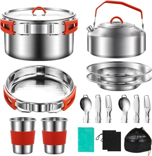 Kit d'ustensiles de cuisine de camping en acier inoxydable 304 avec bouilloire, tasses, assiettes, fourchettes, couteaux, cuillères, pour camping, extérieur, randonnée, pique-nique, fermeture éclair