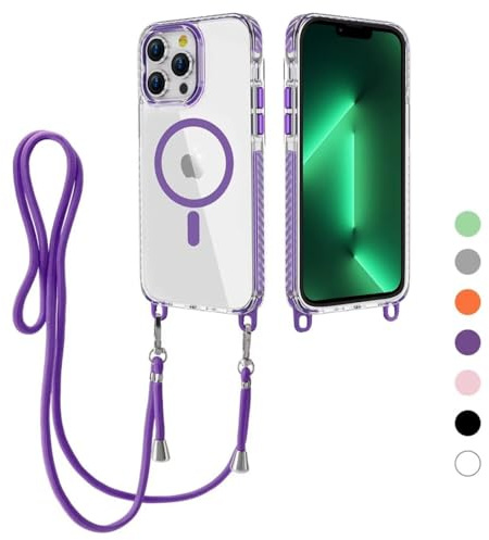 Magnetica Cover per iPhone 14 Pro Max con Cordino, Compatibile con MagSafe, Custodia Traslucida PC Sottile TPU Antiurto Protettiva Case con Corda Collana Tracolla Laccio, Viola