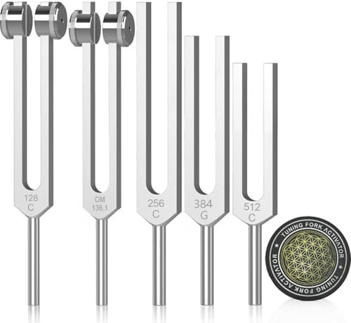 JNJOOD Resonanz-Stimmgabeln für Heilungsset, Stimmgabel Aus Aluminiumlegierung 128 Hz, 136,1 Hz, 256 Hz, 384 Hz, 512 Hz und Hockey-Puck-Aktivator