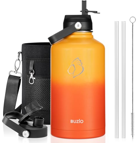 BUZIO 2L Insulated Water Bottle Stainless Steel with Straw & Spout Lid | Large Metal Water Thermo Flask, Keeps Cold 48 Hrs Hot 24 Hrs, Leakproof Drink Bottles, BPA-Free, for Gym, Travel, Sports