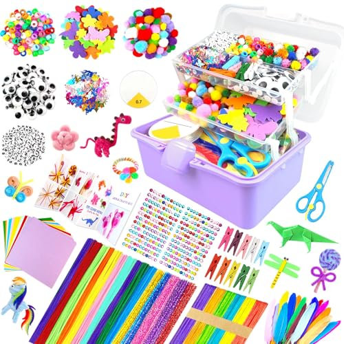 3000Pcs Craft Kits for Kids All in 1 Arts and Crafts Supplies for Kids 3-layered Craft Box with Pipe Cleaners DIY Crafting Homeschool Supply Toys Gifts for Girls & Boys Ages 4 5 6 7 8 9 10 11 12