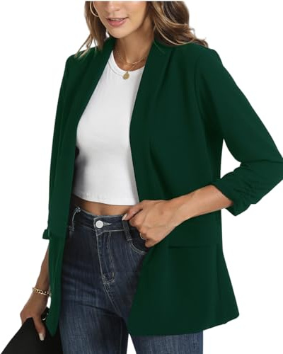 YOUNIFIZ Damen-Blazer, leger, gerüscht, 3/4-Ärmel, offene Vorderseite, Business, Arbeit, Büro, Blazer mit Taschen, dunkelgrün, M