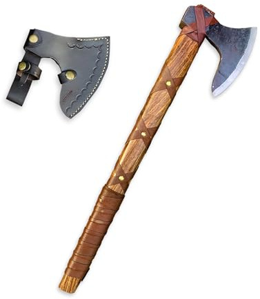 NUSHBA Camping Hatchet 20 Hand Forged High Carbon Steel Splitting Axe – Outdoor Bushcraft Camping & Survival Axe with Leather Sheath – Wood Splitting, Chopping & Carving Tool for Men & Women