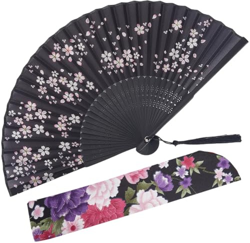CREATCABIN Cherry Blossom Folding Fan Line Dance Popping Fan Clack Fan for Dancing Performence Party Wedding Decor Black Chinese Vintage Fan Protable Cooling Hand Fan 8in
