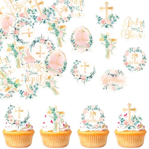 60 Stück Essbare God Bless Cupcake Toppers Blumen Kreuz Tortendeko Heilige Erst Kommunion Kuchen Deko für Religiöse Taufe Thema Baby Dusche Kinder Geburtstag Party Cupcake Dekorationen Rosa