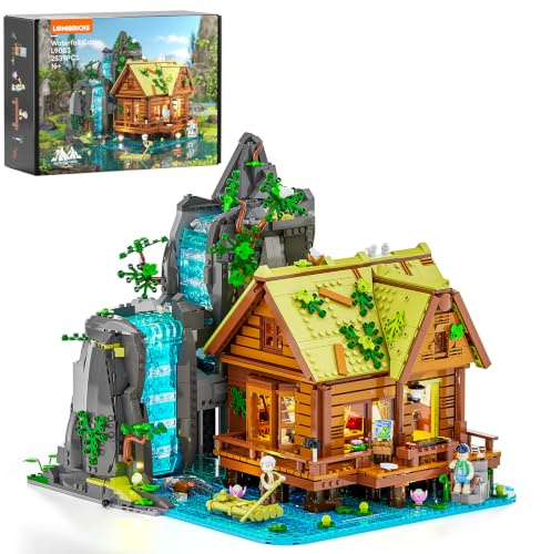 Lumibricks vattenfallshus, byggsats med ljus, 2 539 delar, retro trähus med rörligt vattenfall och naturbakgrund, samlarobjekt för vuxna