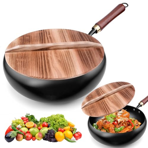 Unbeschichtete Eisenpfanne, Japanische Eisenpfanne mit Deckel, Schmiedeeiserne Pfanne, Eisenpfanne Geschmiedet, Handgeschmiedeter Antihaftpfanne,Brat Universalpfannen für Gasherd Induktionsherd (28cm