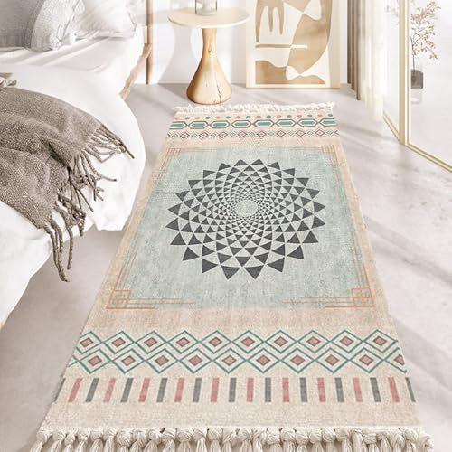Homxi Tapete Rectangular Grande 60 x 90 cm, Alfombra Pie de Cama Algodon Lino Patrón de Geométrico con Borlas, Tapete Exterior Verde Claro