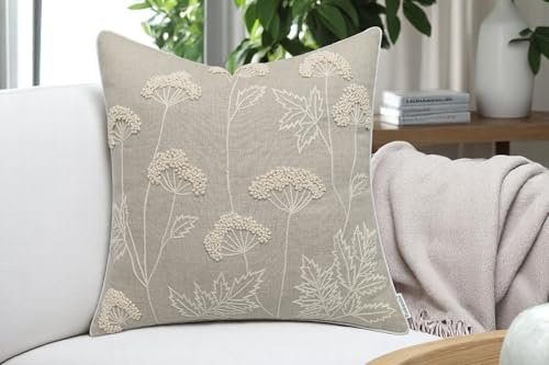 Rudransha 18x18 Blooming Natural Linen Pillow Cover - Hand Embroidered Floral Motif - Decorative Square Cushion Cover for Couch, Sofa, Bed, Living Room - Boho Farmhouse Accent