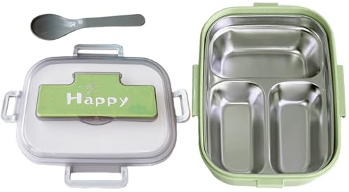 Générique Boîte Repas En Acier Inoxydable | Gamelle Adulte avec Couverts,Boîte Aliments 3 Compartiments Étanche pour École Garderie Pique-nique Voyage