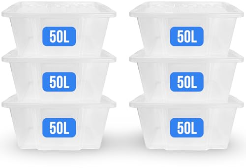 KAPCO Large Storage – 50L Stackable Plastic Box Storage (6 Pack) | Clear Plastic Containers with Snap-On Lids for Garage, Home, or Office Use | Heavy-Duty, BPA-Free Organisers | 50 Litre – Made in U.K